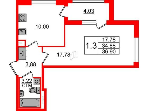 Продажа 1-комнатной квартиры 34,9 м², 3/4 этаж