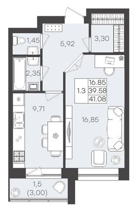 41,1 м², 1-комн. квартира, 4/5 этаж