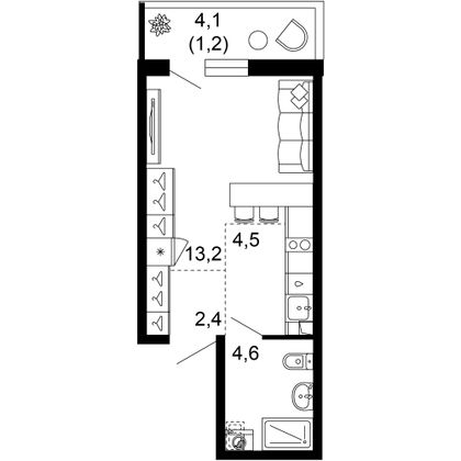 25,9 м², 1-комн. квартира, 1/12 этаж