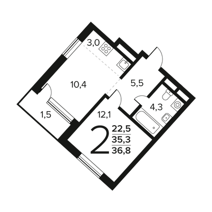 36,8 м², 2-комн. квартира, 2/12 этаж