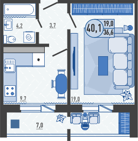 40,1 м², 1-комн. квартира, 15/16 этаж