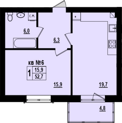 Продажа 1-комнатной квартиры 52 м², 2/4 этаж