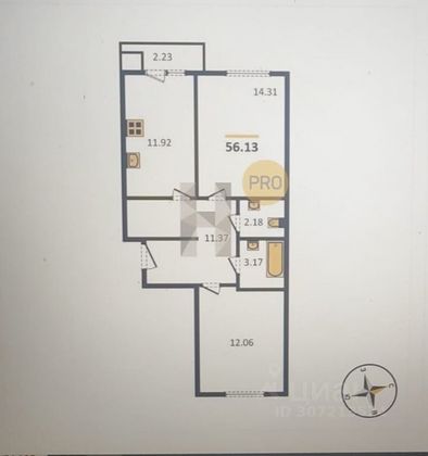 Продажа 2-комнатной квартиры 56 м², 4/5 этаж