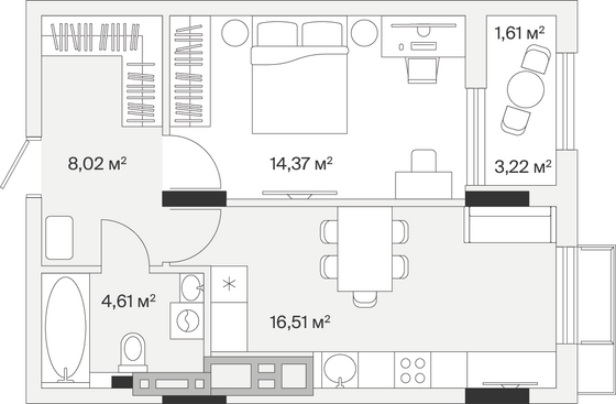 Продажа 1-комнатной квартиры 45,1 м², 7/7 этаж