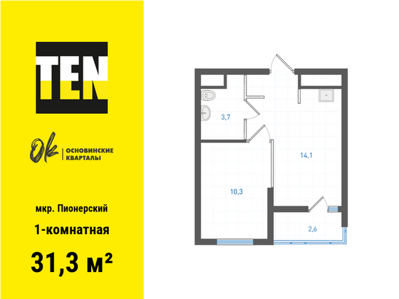 31,3 м², 1-комн. квартира, 4/19 этаж