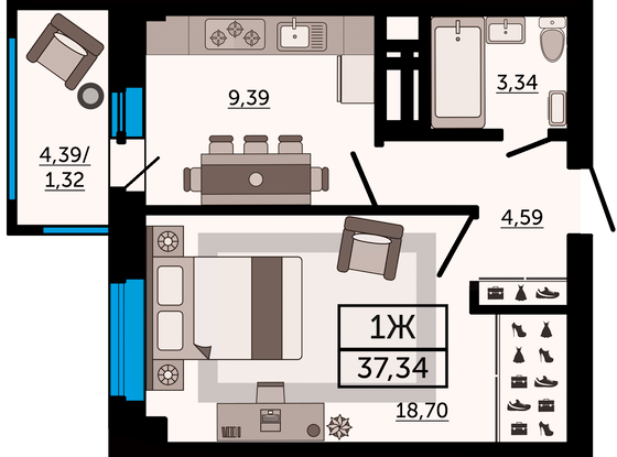 37,3 м², 1-комн. квартира, 10/26 этаж