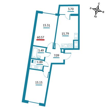 60,6 м², 2-комн. квартира, 14/22 этаж