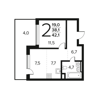 Продажа 2-комнатной квартиры 42,1 м², 1/11 этаж