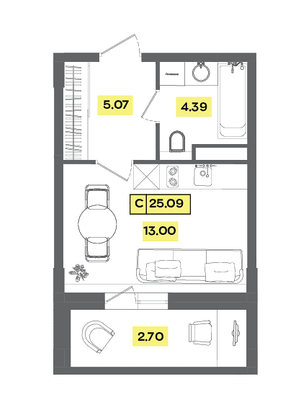 Продажа квартиры-студии 25,1 м², 6 этаж