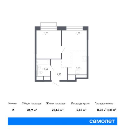 36,9 м², 1-комн. квартира, 18/22 этаж