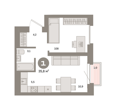 Продажа 1-комнатной квартиры 35,8 м², 27/31 этаж