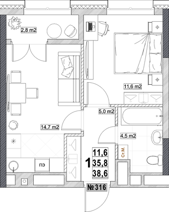 Продажа 1-комнатной квартиры 38,6 м², 24/24 этаж