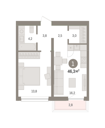 Продажа 1-комнатной квартиры 46,3 м², 6/8 этаж