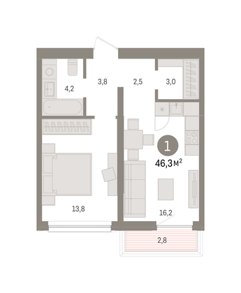 46,3 м², 1-комн. квартира, 6/8 этаж