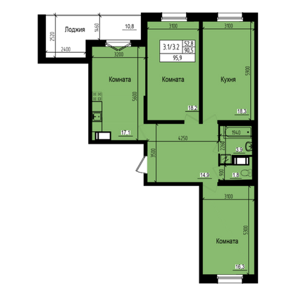 95,9 м², 3-комн. квартира, 2/23 этаж