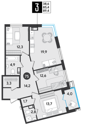 Продажа 3-комнатной квартиры 89,4 м², 12/16 этаж