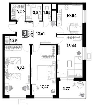Продажа 3-комнатной квартиры 87,5 м², 21/25 этаж