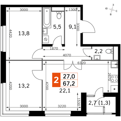 67,2 м², 3-комн. квартира, 20/43 этаж