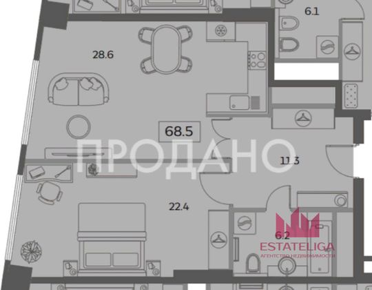 Продажа 2-комнатной квартиры 68,5 м², 22/29 этаж