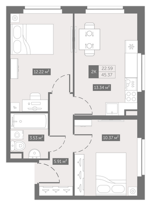 45,4 м², 2-комн. квартира, 4/11 этаж