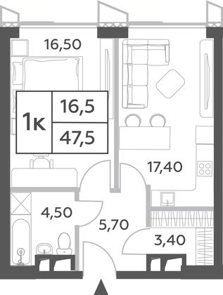 Продажа 1-комнатной квартиры 47,5 м², 10/56 этаж
