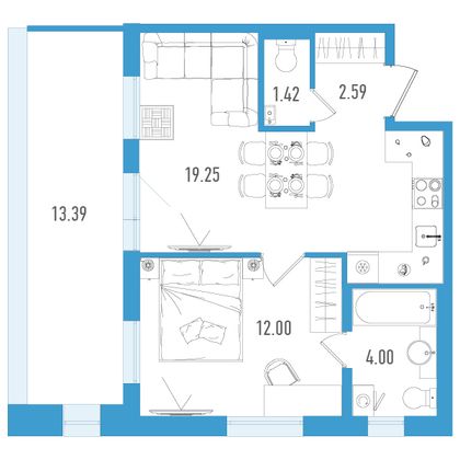 43,3 м², 1-комн. квартира, 2/7 этаж