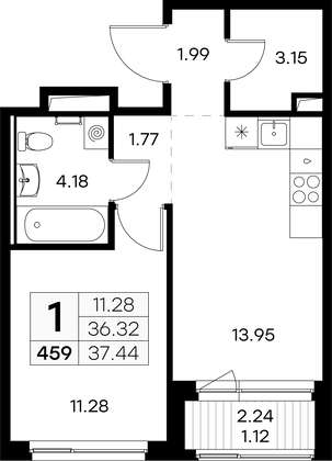 37,4 м², 1-комн. квартира, 5/9 этаж