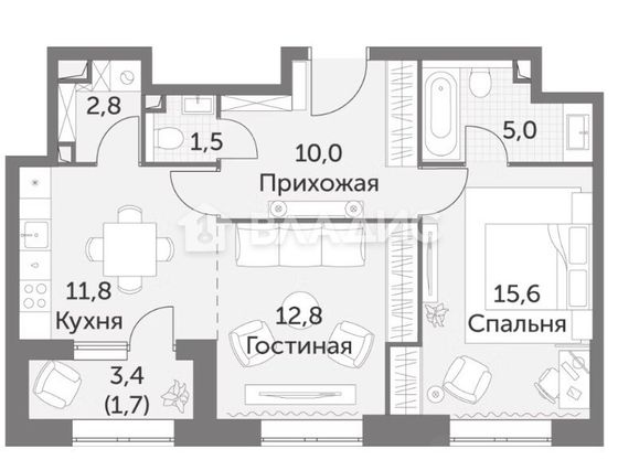 Продажа 2-комнатной квартиры 61,2 м², 29/48 этаж