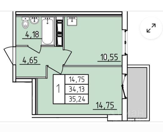 Продажа 1-комнатной квартиры 35,3 м², 8/12 этаж