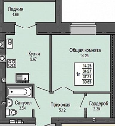 39 м², 1-комн. квартира, 9/9 этаж