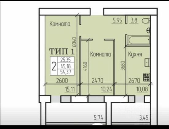 Продажа 2-комнатной квартиры 54,4 м², 6/12 этаж