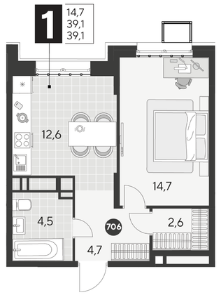 Продажа 1-комнатной квартиры 39,1 м², 11/21 этаж