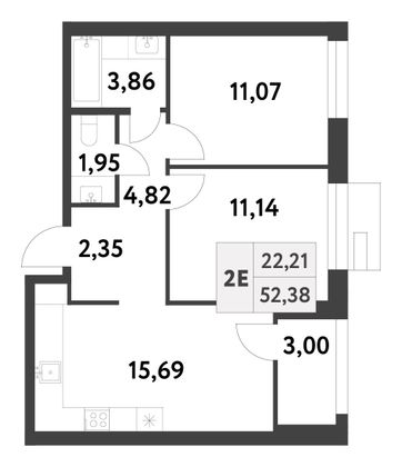 Продажа 2-комнатной квартиры 52,4 м², 3/16 этаж