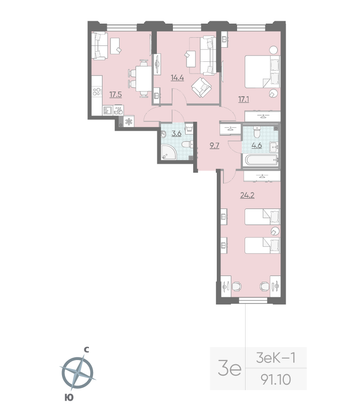 Продажа 3-комнатной квартиры 91,1 м², 2/23 этаж