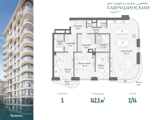 142,3 м², 3-комн. квартира, 2/14 этаж