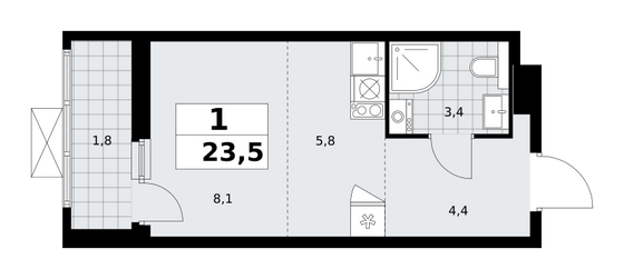 23,5 м², своб. планировка, 7/19 этаж