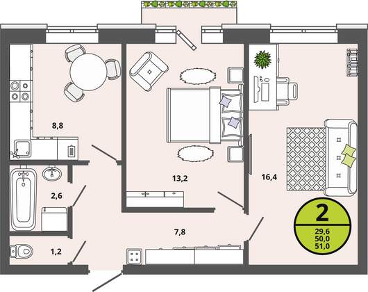 50 м², 2-комн. квартира, 3/3 этаж