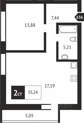 Продажа 2-комнатной квартиры 55,2 м², 1/16 этаж