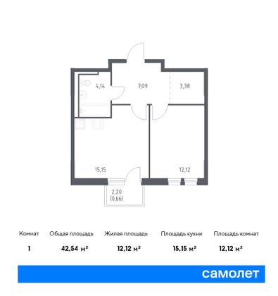 42,5 м², 1-комн. квартира, 6/17 этаж