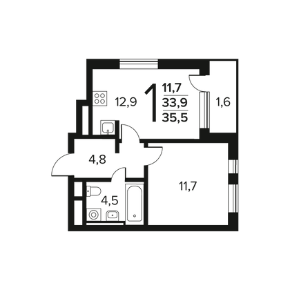 Продажа 1-комнатной квартиры 35,5 м², 7/9 этаж