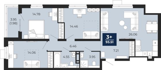 93,5 м², 3-комн. квартира, 6/14 этаж