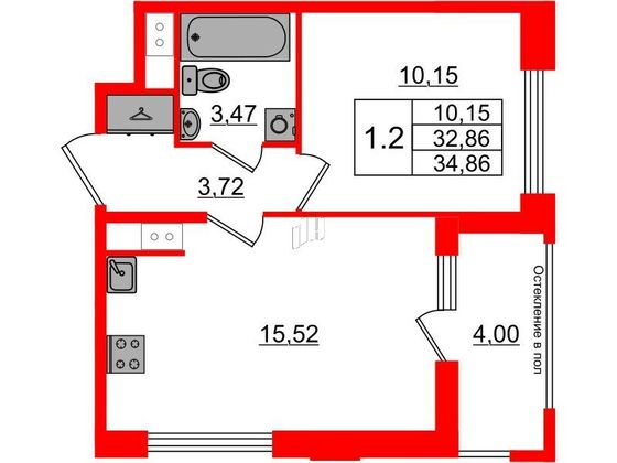 Продажа 1-комнатной квартиры 32,9 м², 2/12 этаж