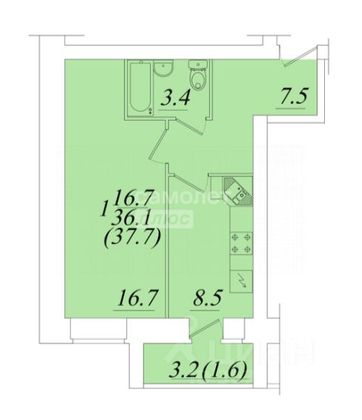 Продажа 1-комнатной квартиры 37,7 м², 1/10 этаж