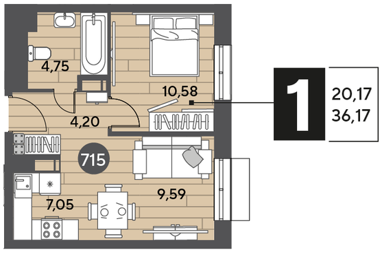 Продажа 1-комнатной квартиры 36,2 м², 2/12 этаж