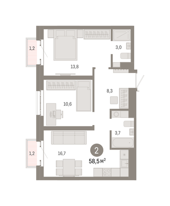 Продажа 2-комнатной квартиры 58,5 м², 7/31 этаж