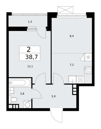 38,7 м², 2-комн. квартира, 4/18 этаж