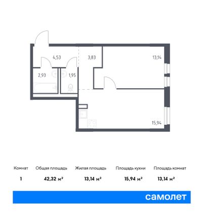 42,3 м², 1-комн. квартира, 10/18 этаж