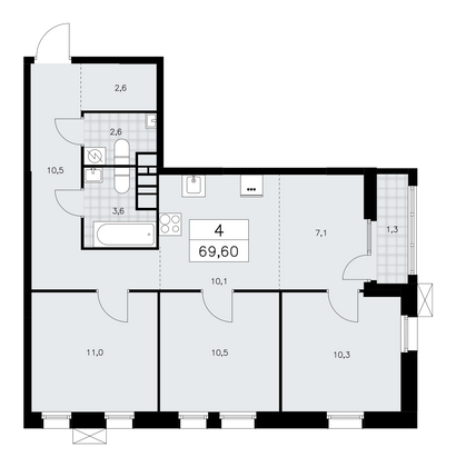 69,6 м², 4-комн. квартира, 9/18 этаж