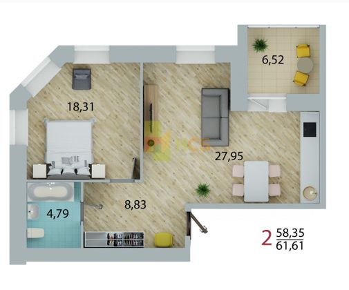 Продажа 2-комнатной квартиры 58,3 м², 1/10 этаж