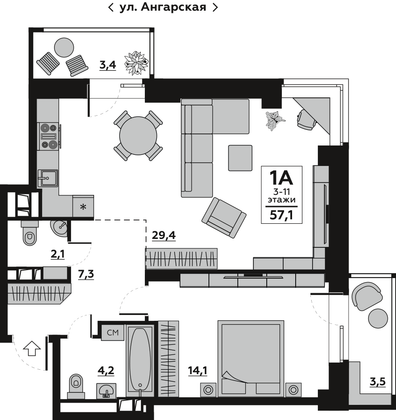 Продажа 1-комнатной квартиры 59,8 м², 14/19 этаж